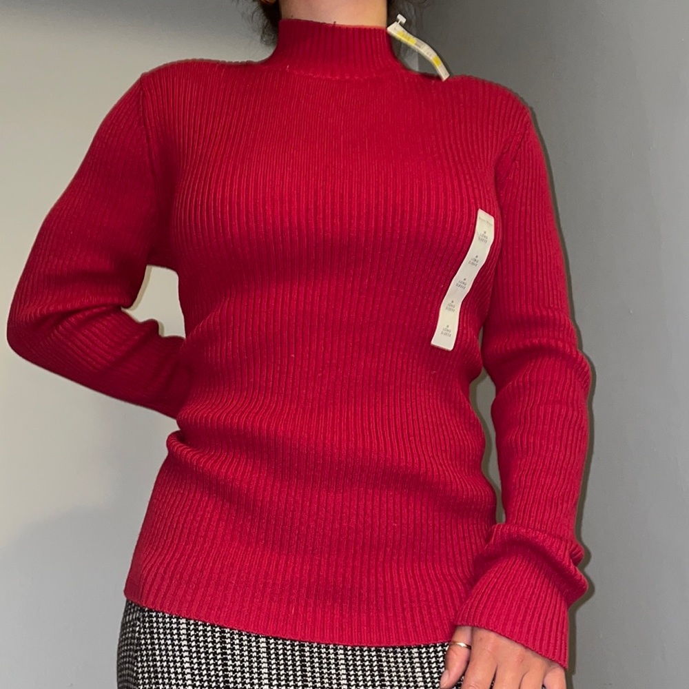 Cherry red Studio Works mock-neck sweater.